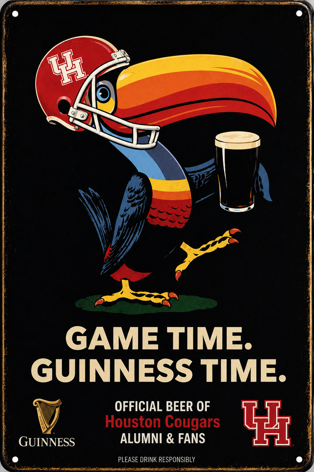 Houston Cougars Football Bird Guinness Game Time Metal Sign
