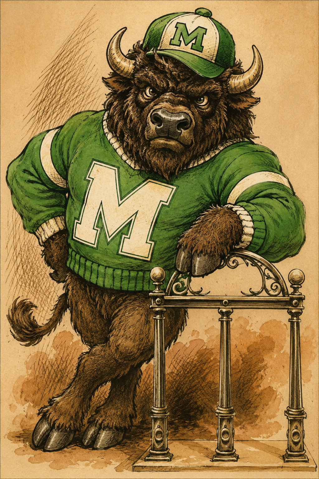 Green M Bull Mascot Sports Wall Art Print