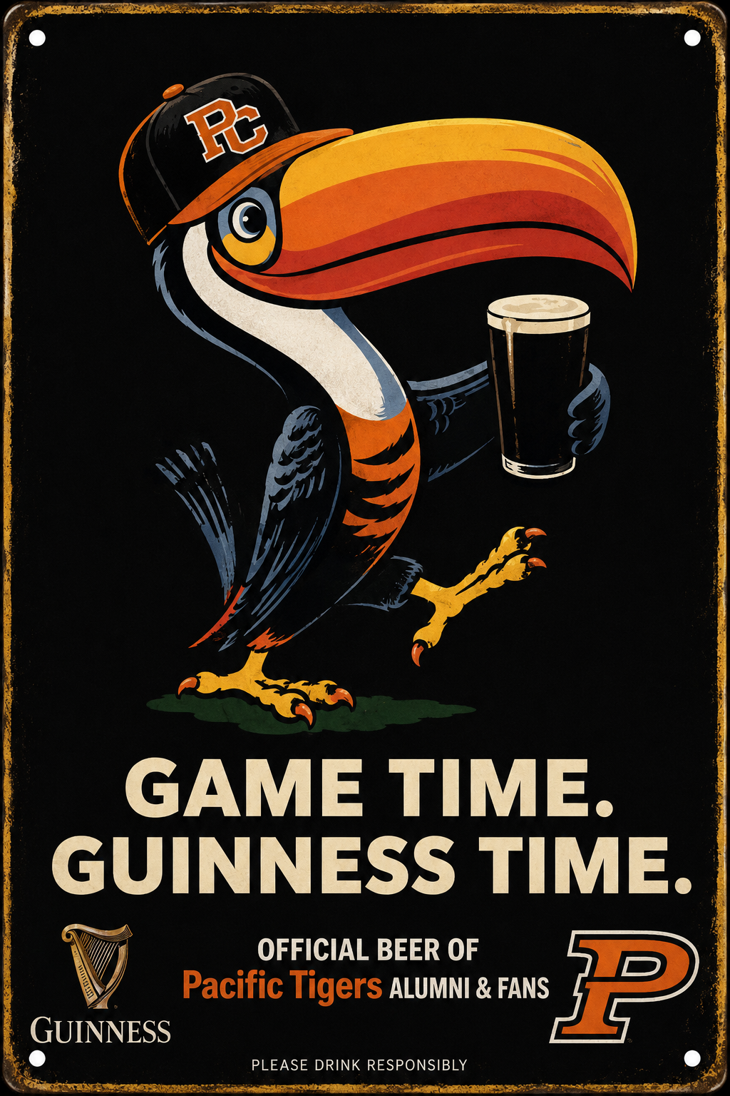 Guinness-Style Pacific Tigers Alumni Game Time Metal Sign