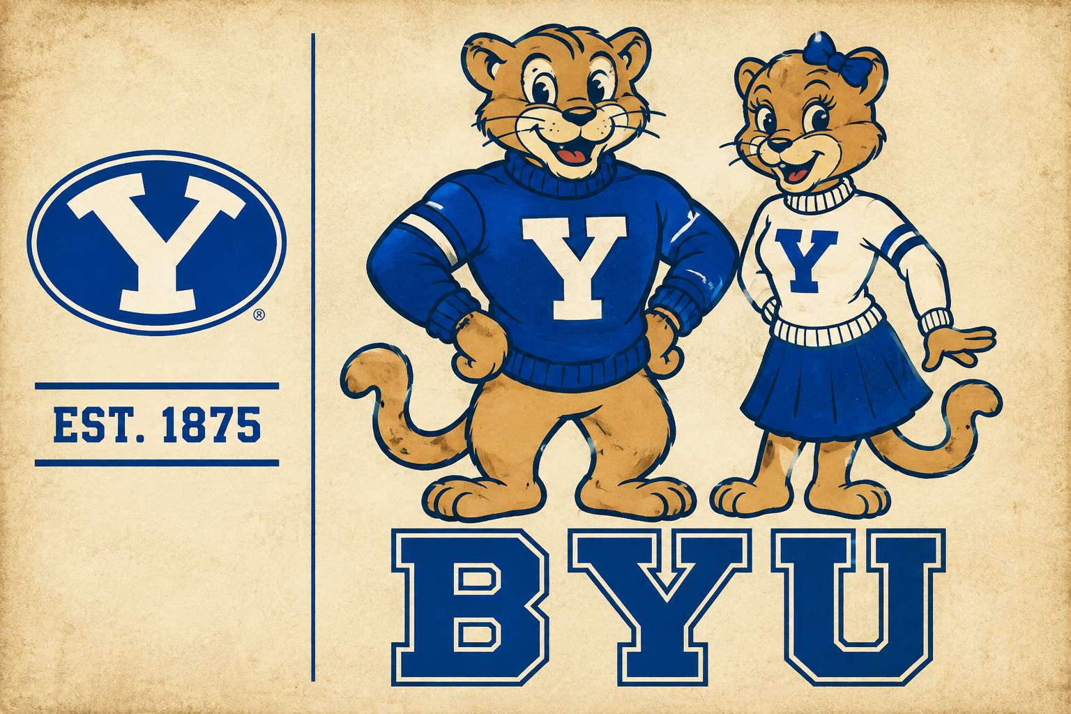Blue and Gold BYU Cat Mascots Vintage-Style Wall Art