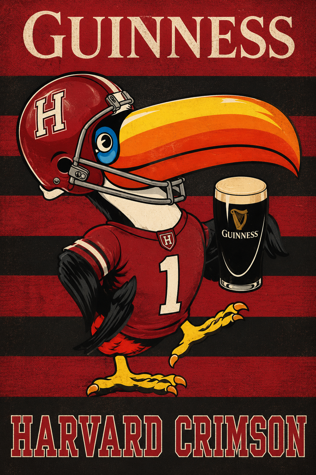 Harvard Crimson Football Bird and Guinness Vintage-Style Art