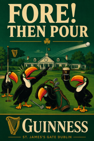 Guinness-Inspired “Fore! Then Pour” Toucan Golf Poster