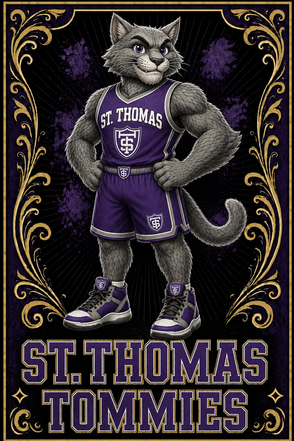 St. Thomas Tommies Purple Basketball Cat Wall Art