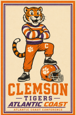 Clemson Tigers Retro Football Tiger Wall Art Print