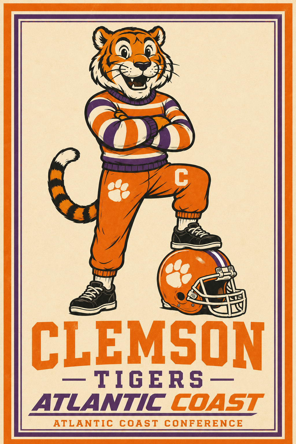 Clemson Tigers Retro Football Tiger Wall Art Print