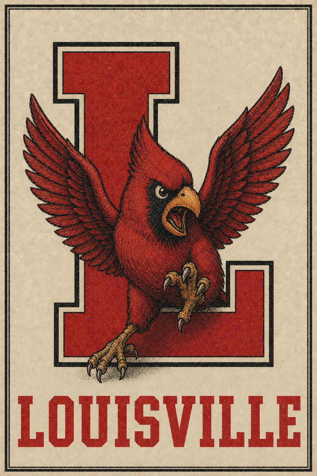Louisville Cardinal Bird Red and Black Vintage-Style Wall Art