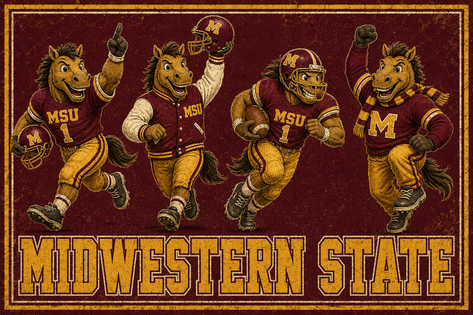 Midwestern State Football Horse Mascots Vintage-Style Wall Art