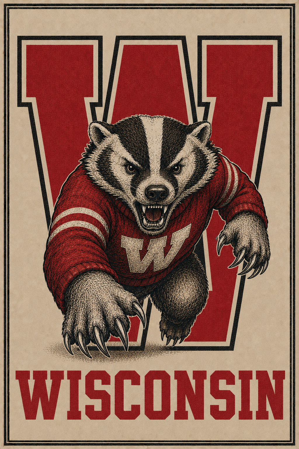 Wisconsin Badger Red W Vintage-Style Wall Art Print
