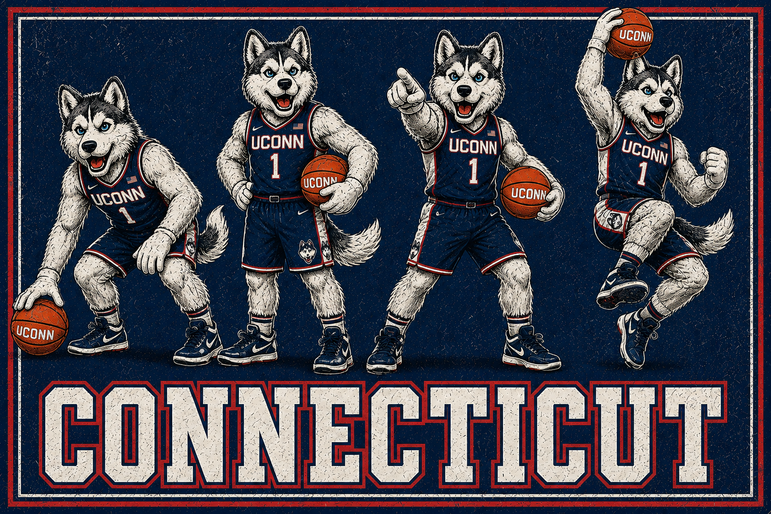 UConn Huskies Basketball Vintage-Style Wall Art Print