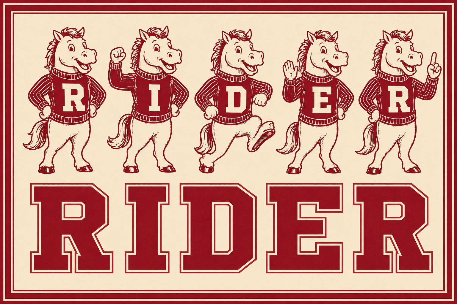 Red Riders Cartoon Horse Typography Wall Art