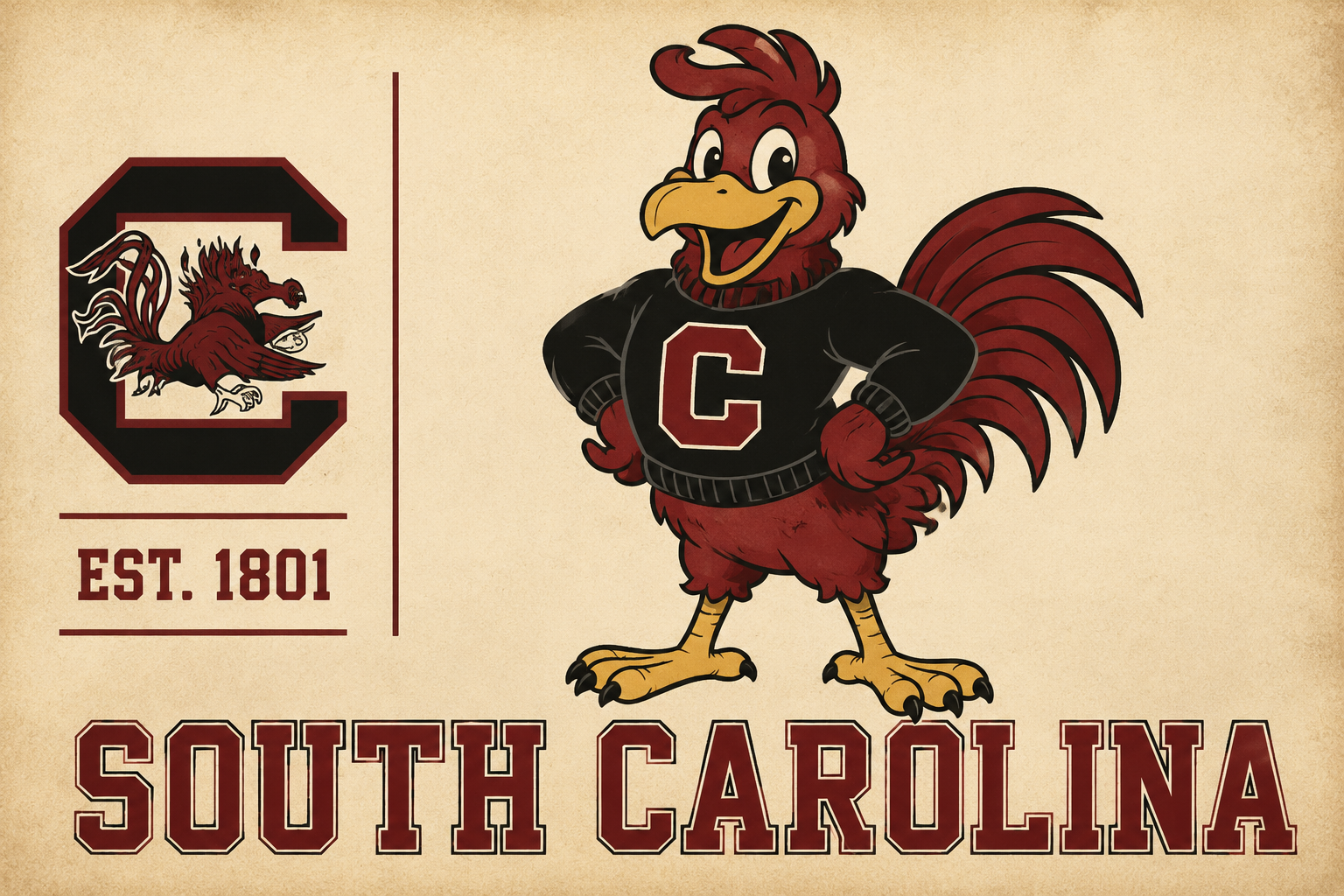 South Carolina Rooster Mascot Vintage-Style Wall Art