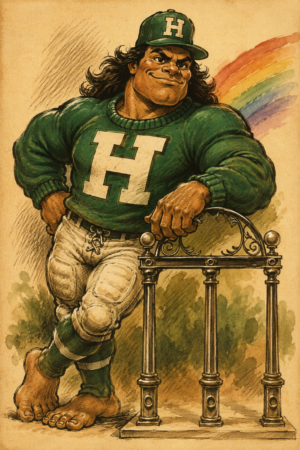 Green H Character with Rainbow and Ornate Gate Illustration