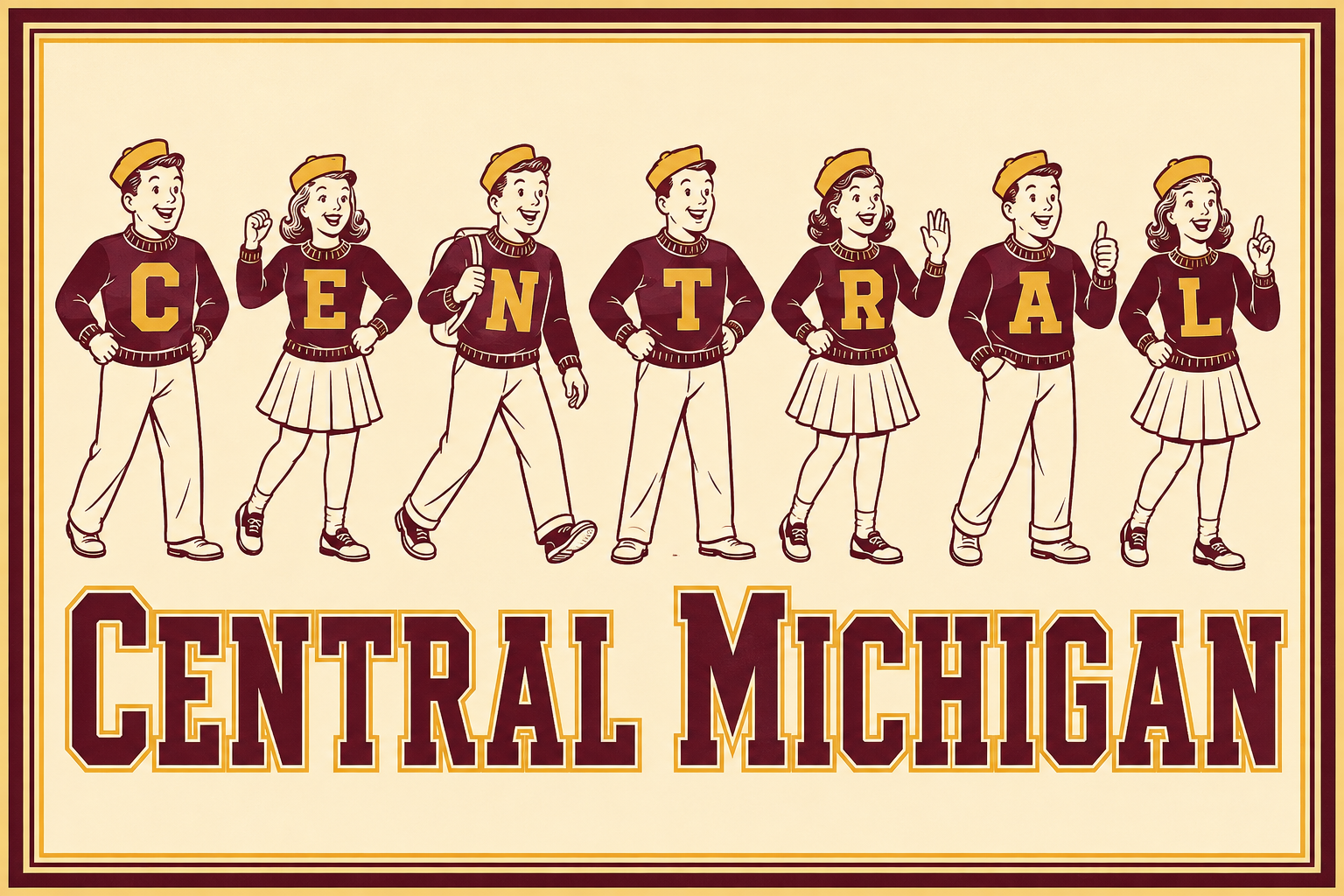 Central Michigan Retro Cartoon Typography Wall Art