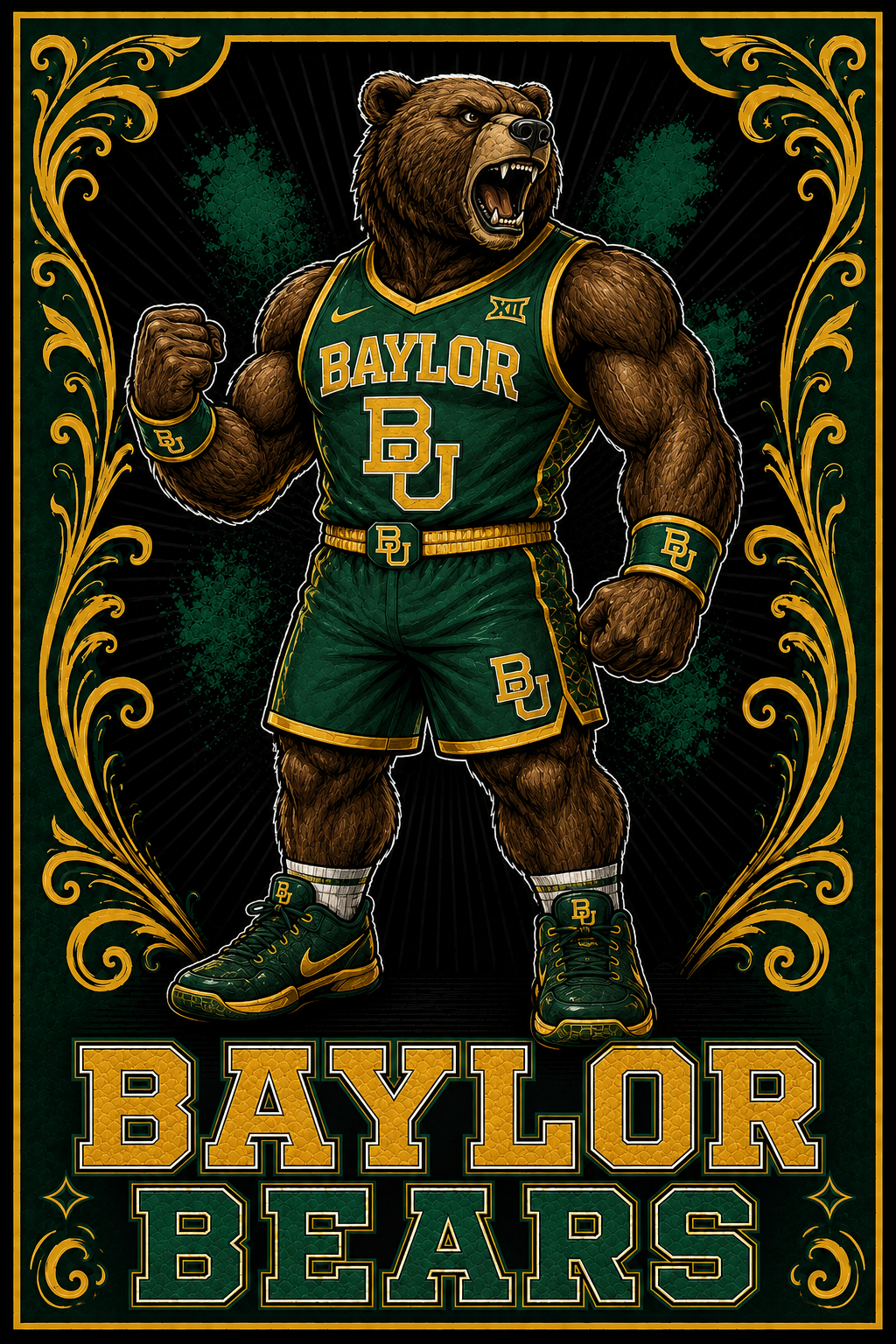 Roaring Green and Gold Bear Basketball Wall Art