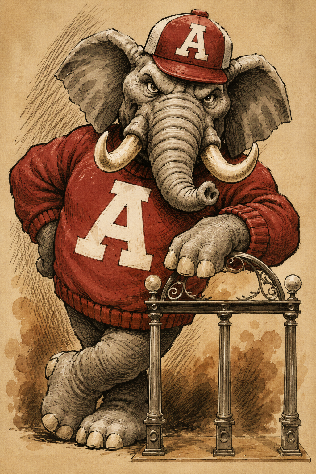 Illustrated Elephant in Red A Cap and Sweater Wall Art