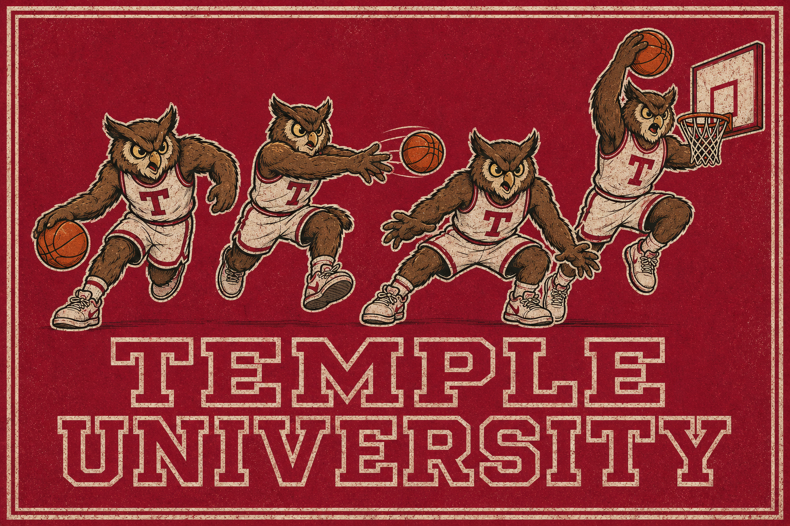 Temple University Owl Basketball Vintage-Style Wall Art