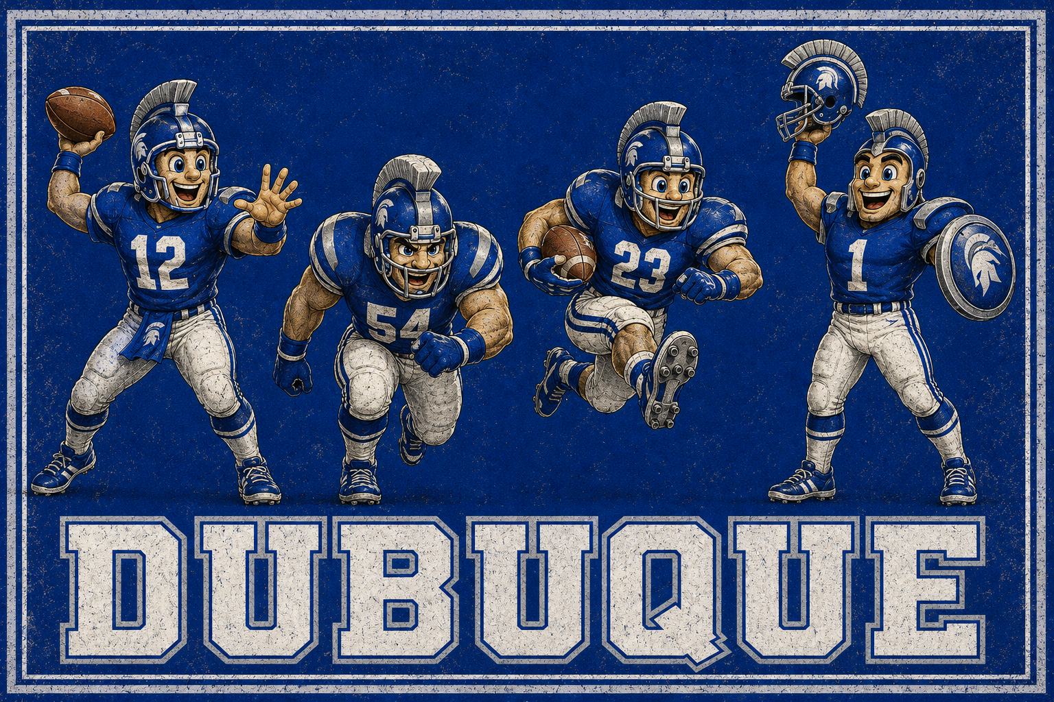 Dubuque Football Players Blue Vintage-Style Wall Art
