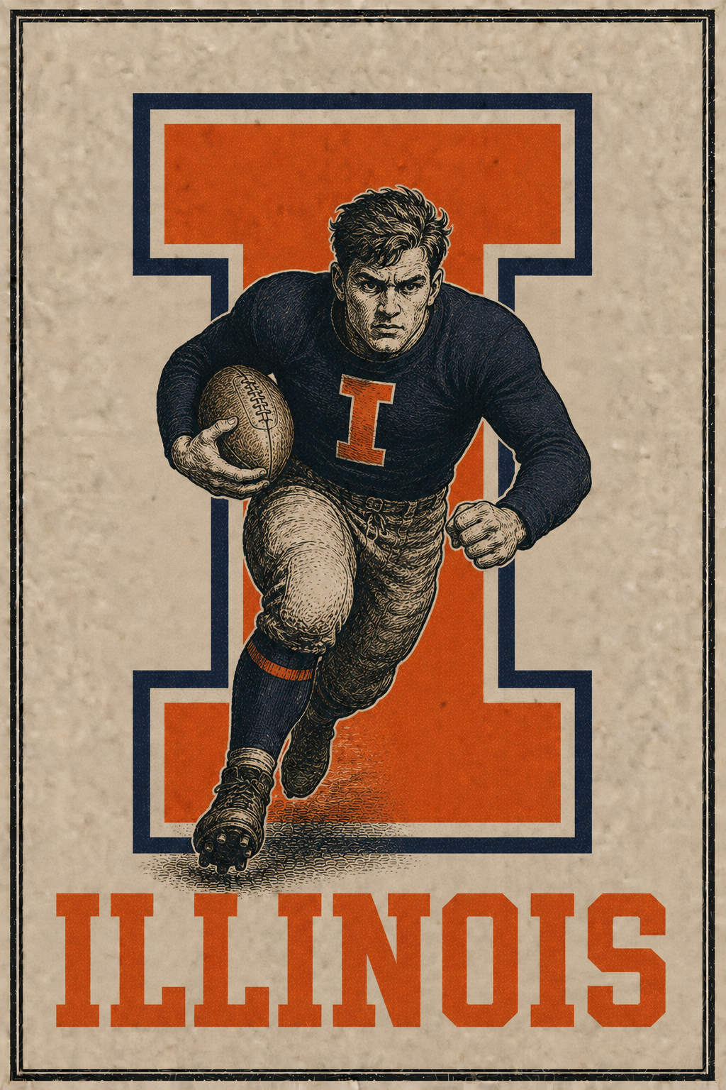 Vintage-Style Illinois Football Player Wall Art Print