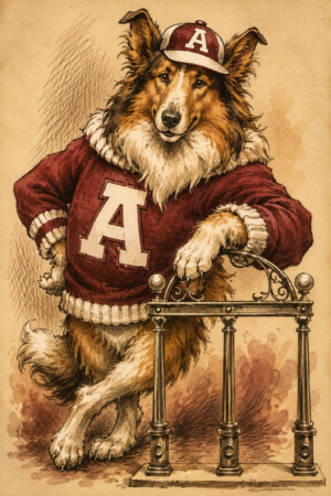 Vintage-Style Collie Dog in Maroon Letterman Jersey Art
