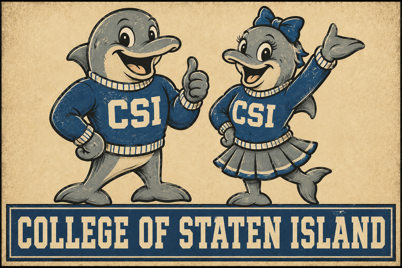 College of Staten Island Dolphin Duo Vintage-Style Wall Art