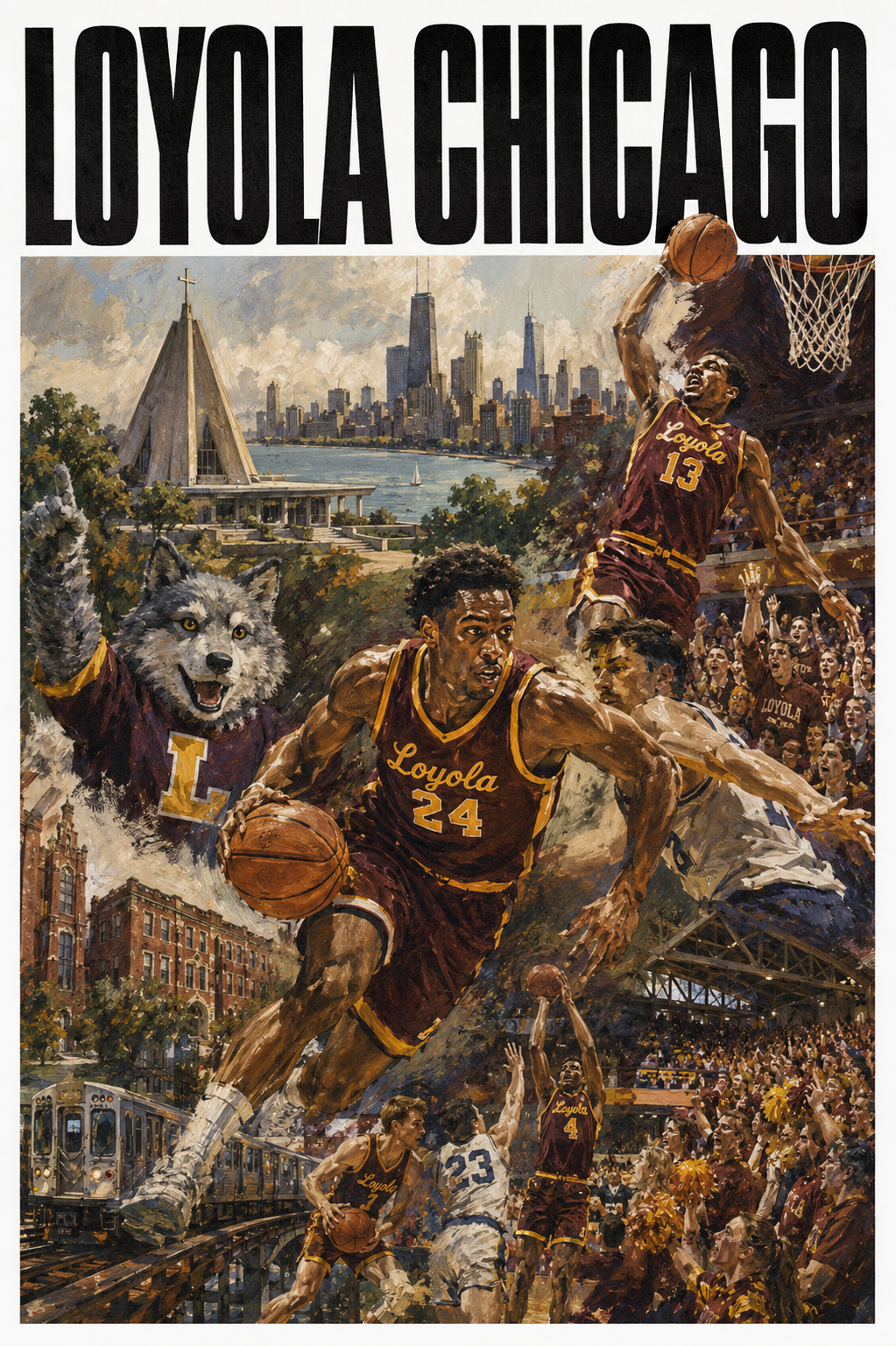 Loyola Chicago Basketball Cityscape Wall Art Print