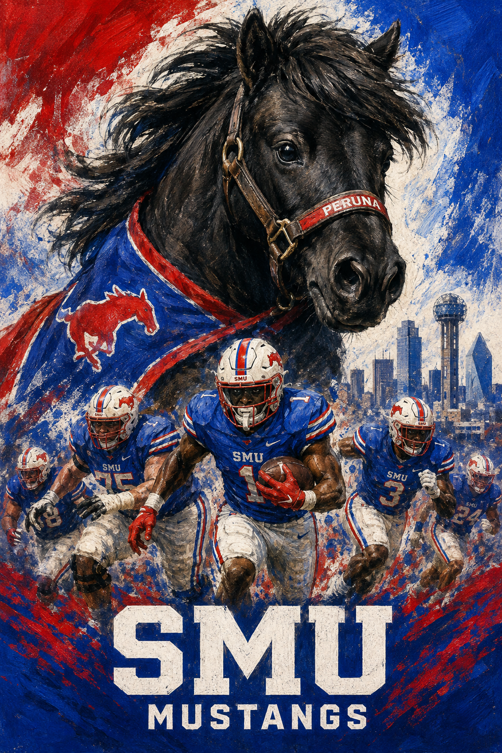 SMU Mustangs Black Horse and Football Team Artwork
