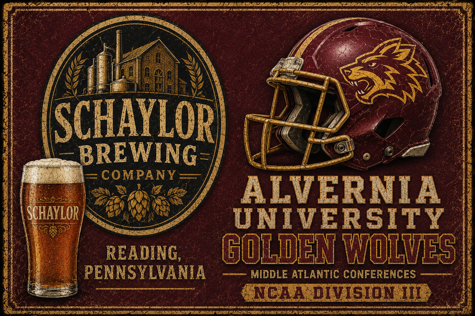 Schaylor Brewing and Alvernia Golden Wolves Vintage Wall Art