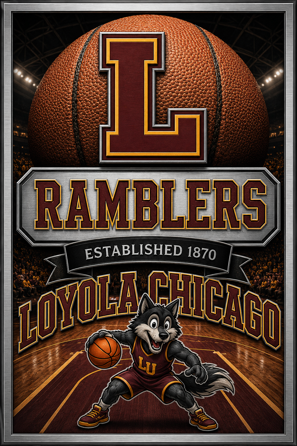 Loyola Chicago Ramblers Basketball Wolf Wall Art