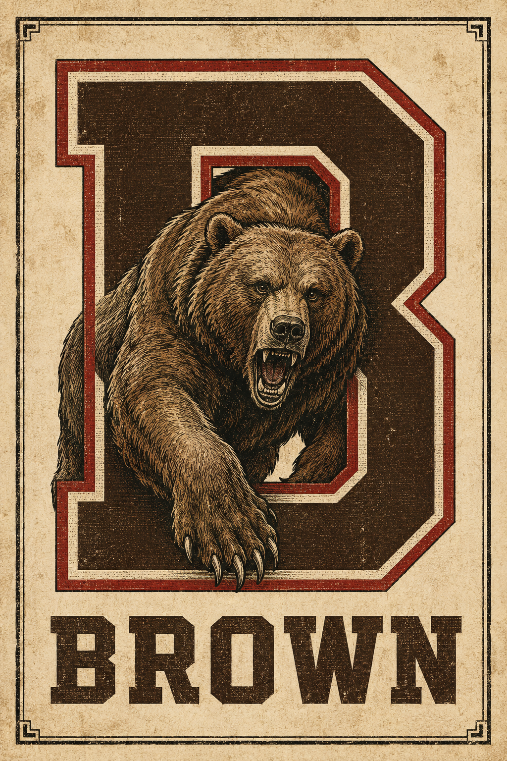 Vintage-Style Roaring Brown Bear BROWN Wall Art