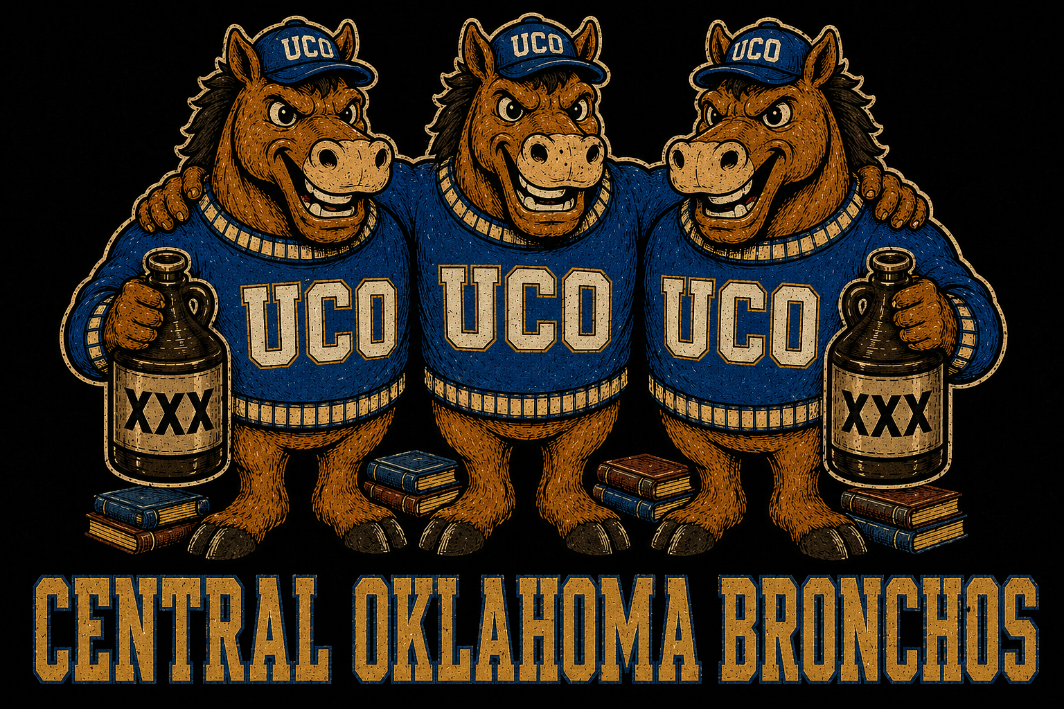 Central Oklahoma Bronchos Three-Horse Graphic Design