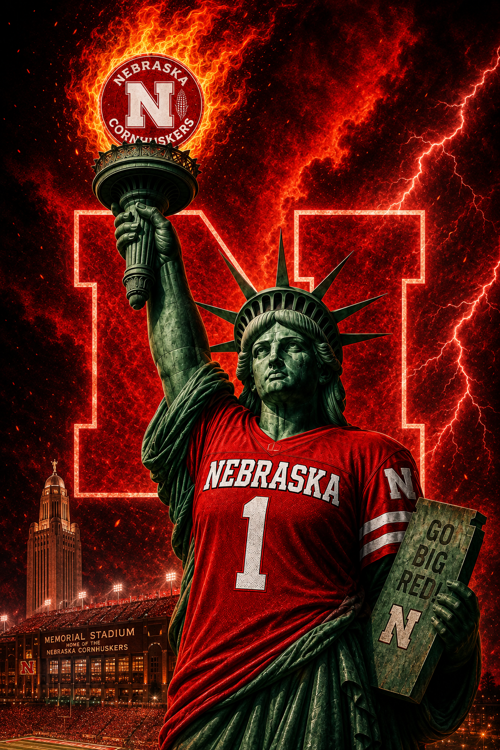 Nebraska Cornhuskers Statue and Memorial Stadium Wall Art