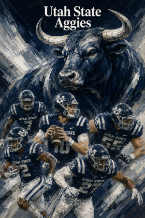 Utah State Aggies Bull and Football Players Wall Art