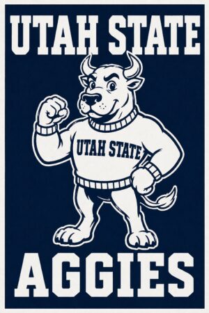 Utah State Aggies Bull Mascot Navy and White Wall Art
