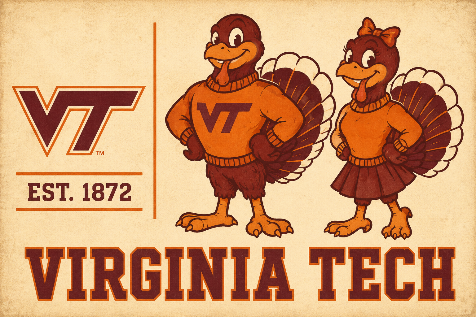 Virginia Tech Hokie Turkey Couple Vintage-Style Wall Art