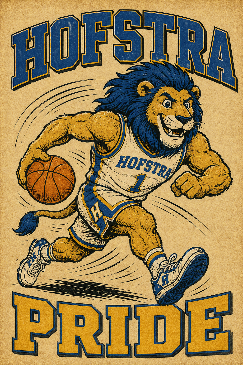 Hofstra Pride Basketball Lion Retro-Style Wall Art Print