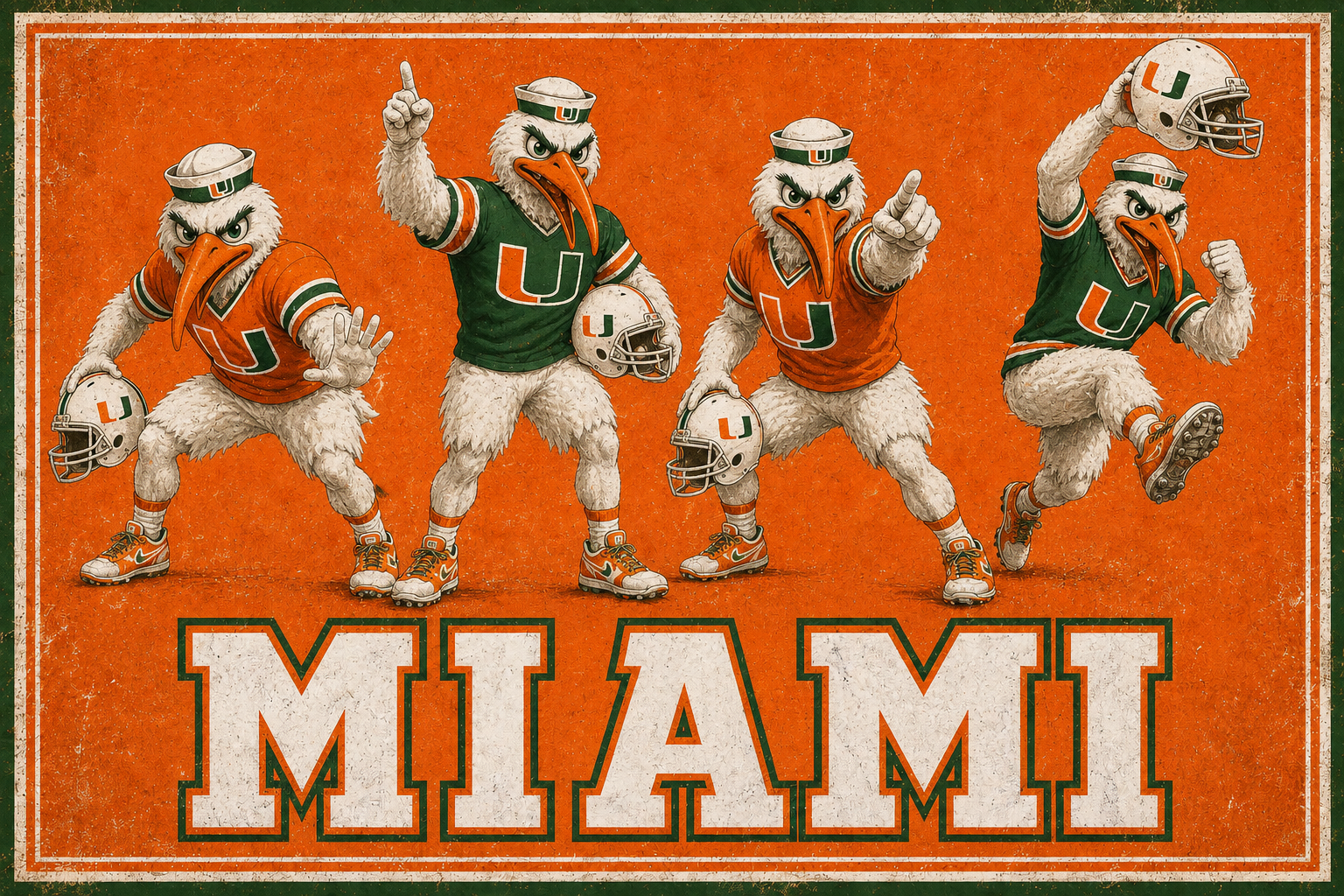 Vintage Miami Football Mascots Distressed Wall Art