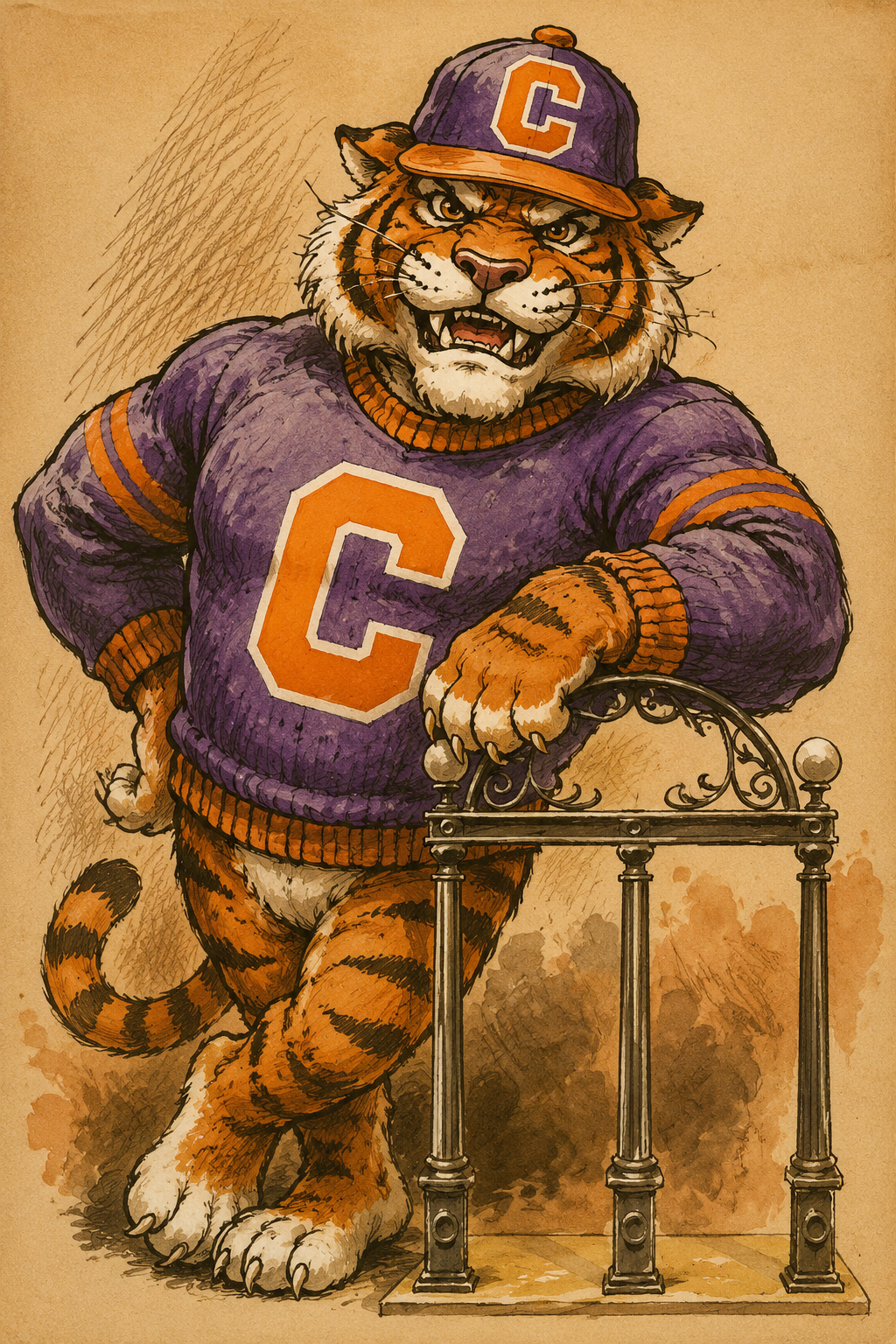 Illustrated Tiger Football Mascot in Purple and Orange