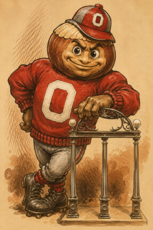Vintage-Style Pumpkin Baseball Player Trophy Illustration