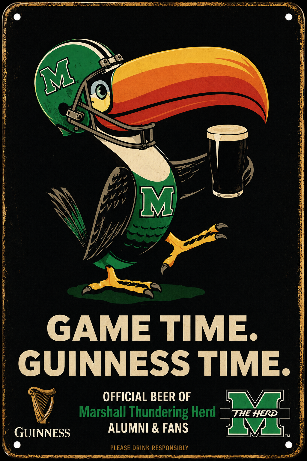 Guinness Marshall Thundering Herd Game Time Metal Sign