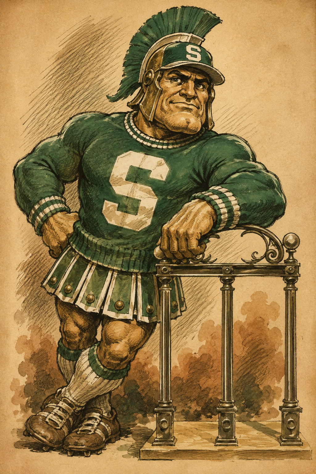 Vintage-Style Green Spartan Football Player Illustration