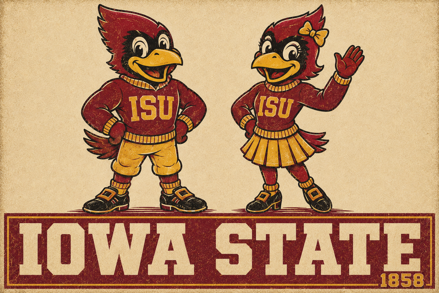 Iowa State Cardinal Couple Vintage-Style Wall Art Print
