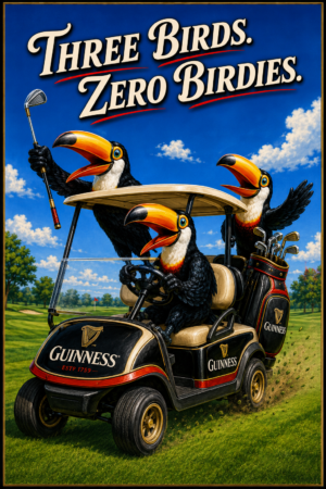 Three Birds Zero Birdies Toucan Golf Cart Wall Art