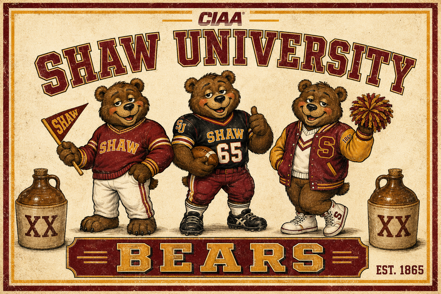 Shaw University Bears Vintage-Style Three Bear Wall Art