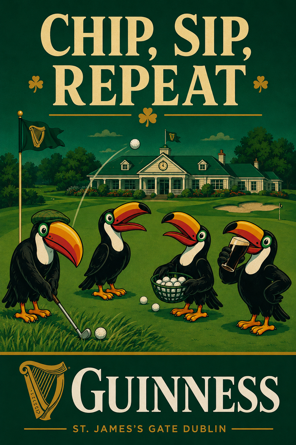 Chip, Sip, Repeat Golf Toucans Vintage-Style Wall Art
