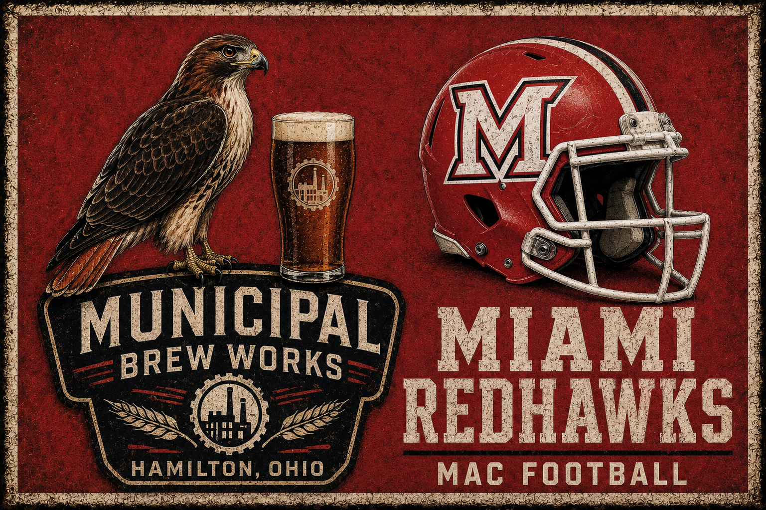 Miami RedHawks Eagle, Helmet and Brew Works Wall Art