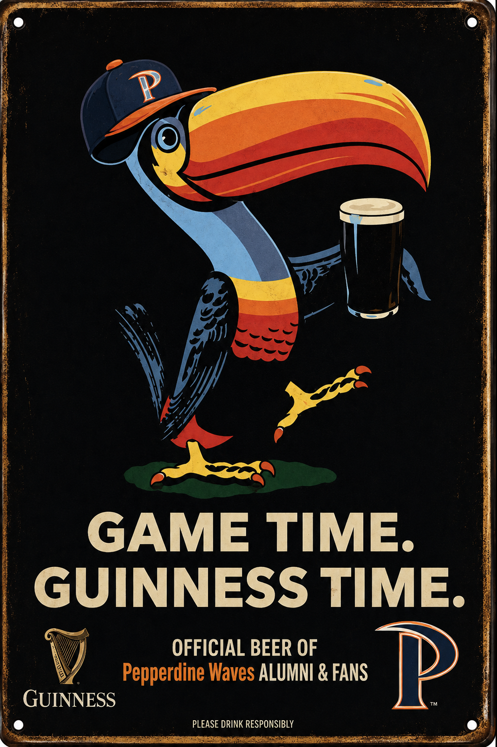Guinness Game Time Toucan Pepperdine Waves Metal-Style Sign