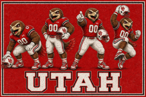 Red UTAH Football Mascot Group Printed Wall Art