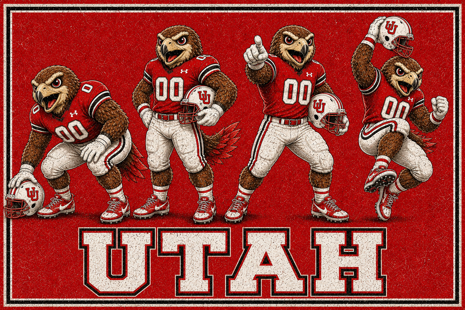 Red UTAH Football Mascot Group Printed Wall Art