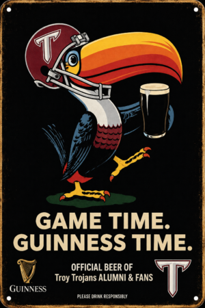 Game Time Guinness Troy Trojans Cartoon Bird Metal Sign