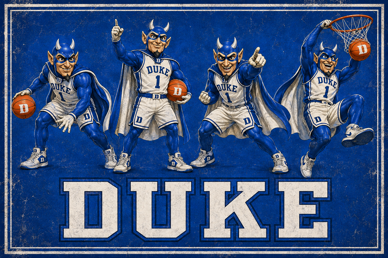 Duke Blue Basketball Mascots Vintage-Style Wall Art
